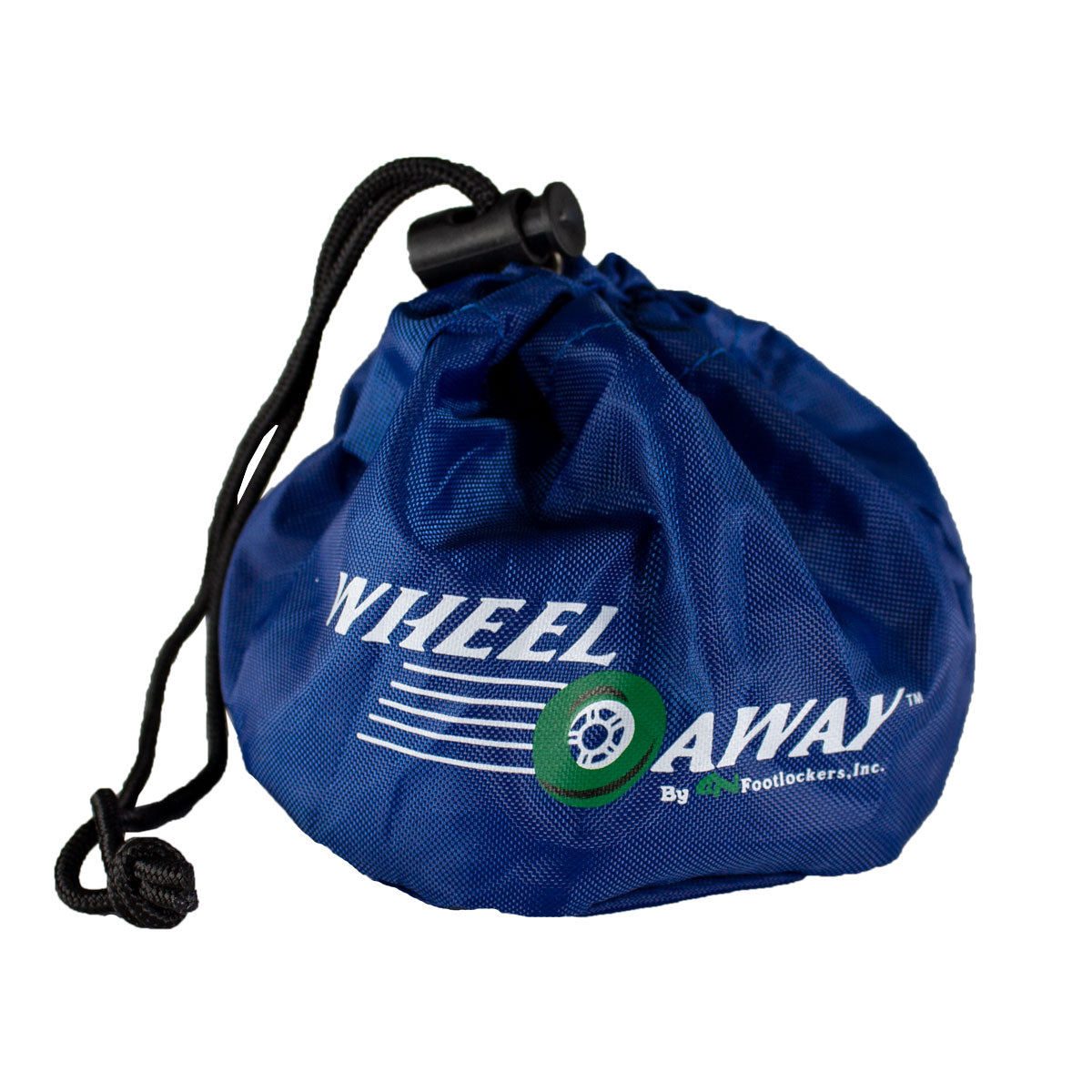 Blue drawstring bag with 'Wheel Away' branding on a white background