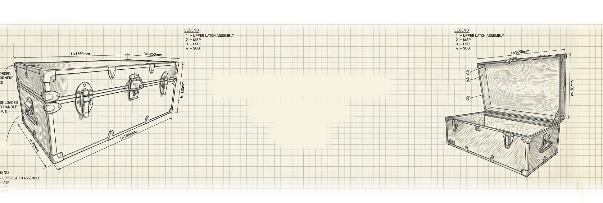 Illustration of a vintage trunk with measurements on a grid background