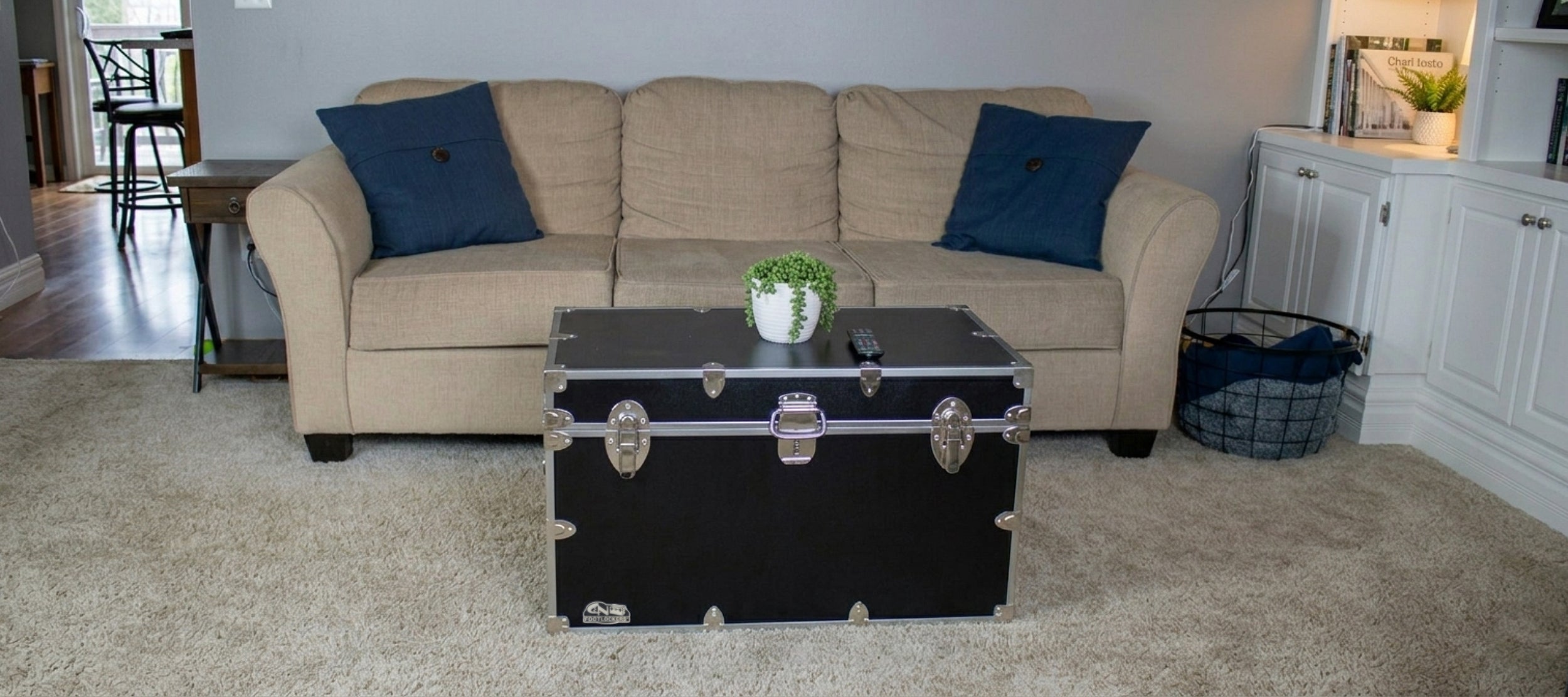 Living room with beige sofa, black trunk coffee table, and decorative items.