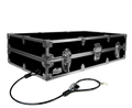 Black flight case with a cable attached on a white background
