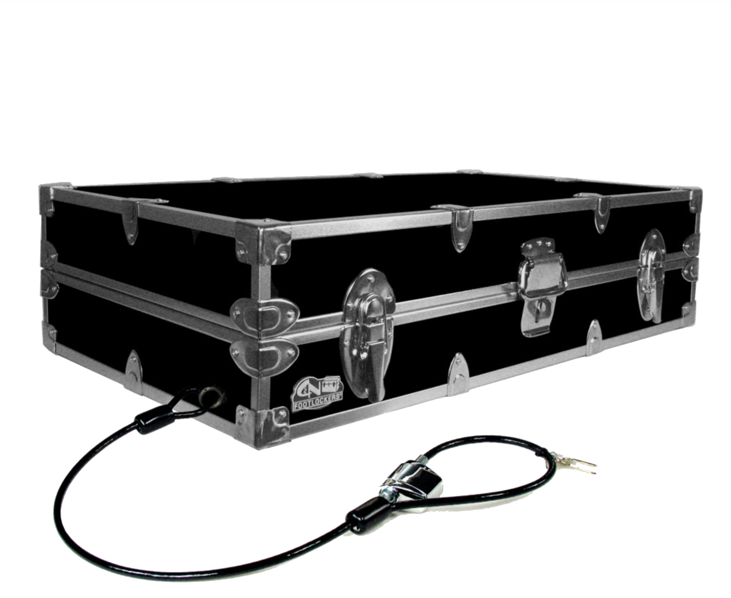 Black flight case with a cable attached on a white background