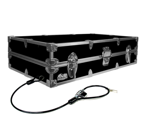 Black flight case with a cable attached on a white background