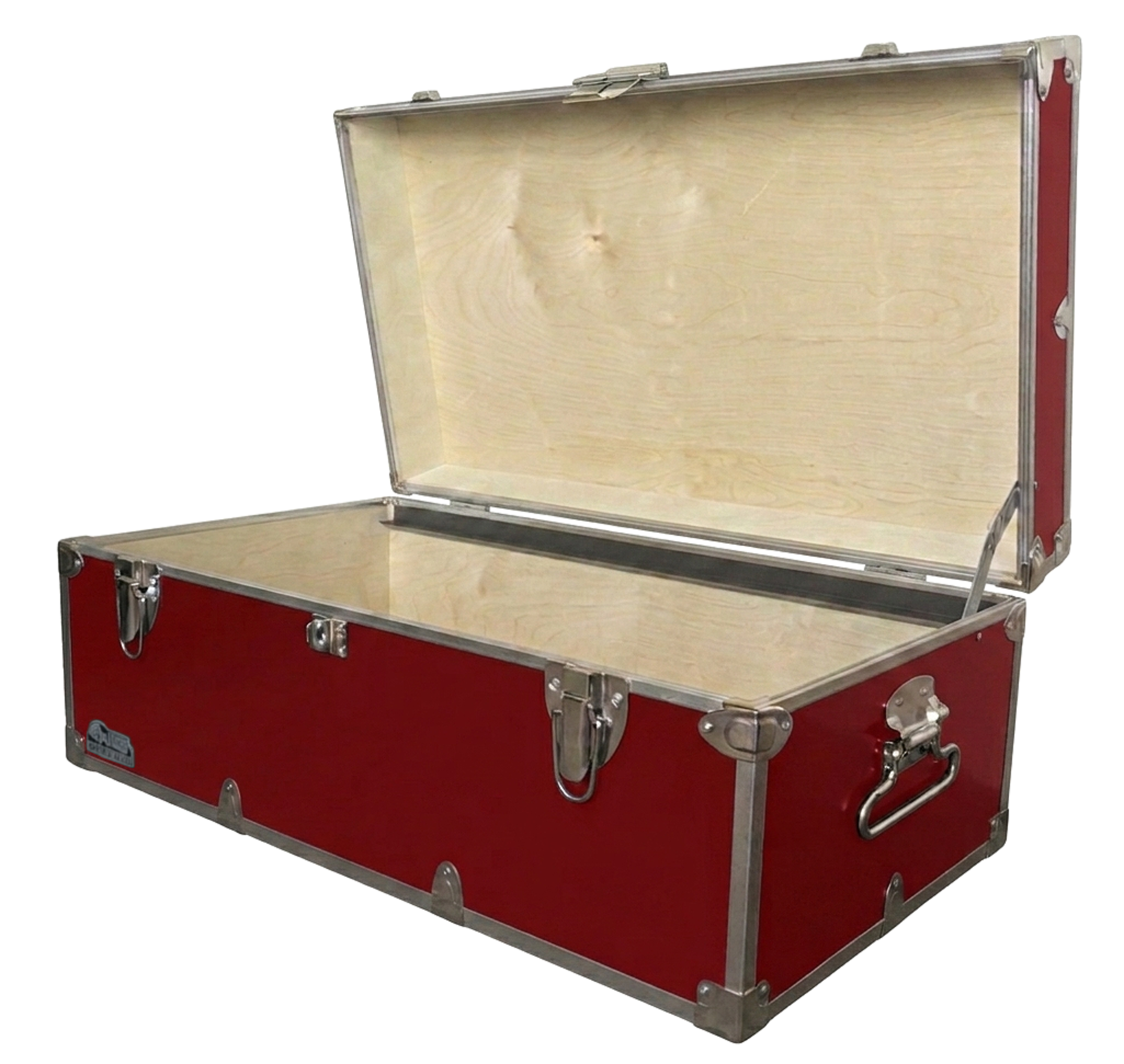 Red vintage-style steel trunk with beige interior on a white background