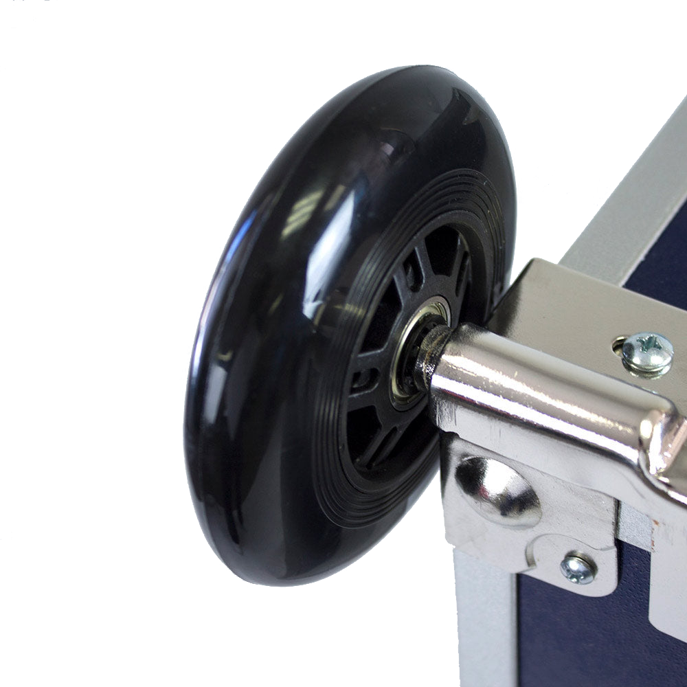 Close-up of a black wheel and metal frame on a white background